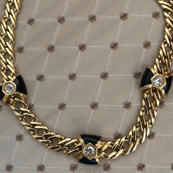 Gold tone & black enamel and rhinestone necklace - Picture 8 of 10